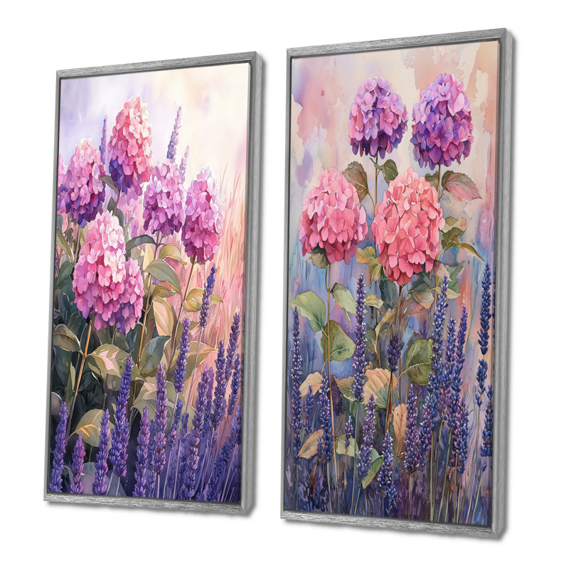 Hortensias dans un champ de lavande I - Collection de 2 panneaux de toiles florales, H 40 po x l 41 po, Encadrement argenté