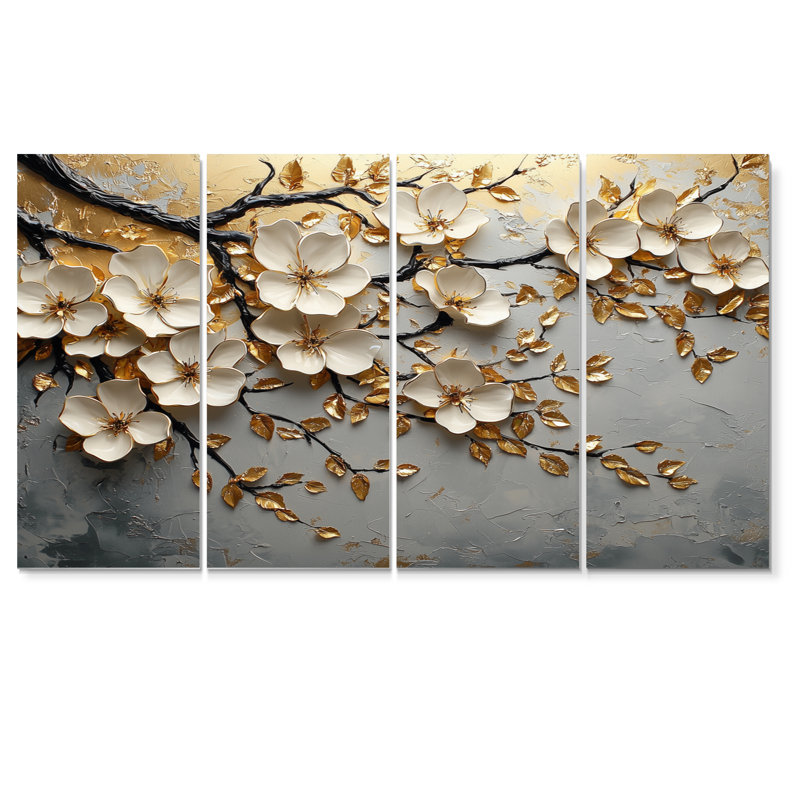 «Dreaming White and Gold Cherry Blossom Branch II», ensemble de reproductions d'art mural cerisier en fleurs