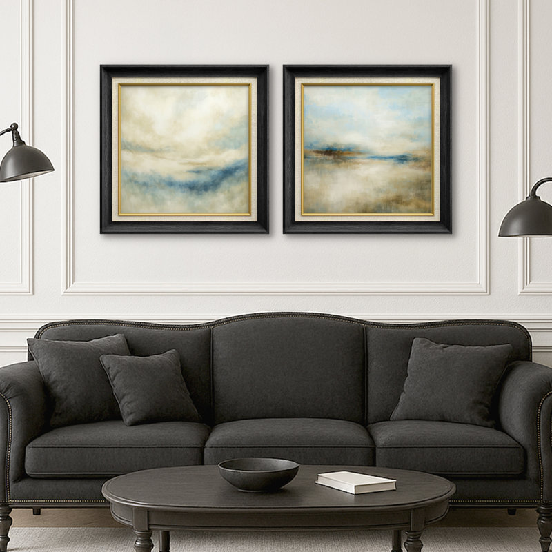 Doux paysage abstrait neutre dans des tons de beige et de bleu clair, œuvre d'art encadrée de la chambre principale, 2 pièces