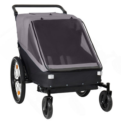 2 in 1  Bike Trailer and Stroller for 1 to 2 Children, Jogging Function, Foldable Compact Storage with Universal Bike Hitch, 5-Point Harness and Storage Bags, Gray