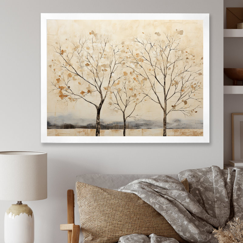 " Beige Trees Harmony V ", 24" H x 32" W x 1" D, White Single Picture Framed