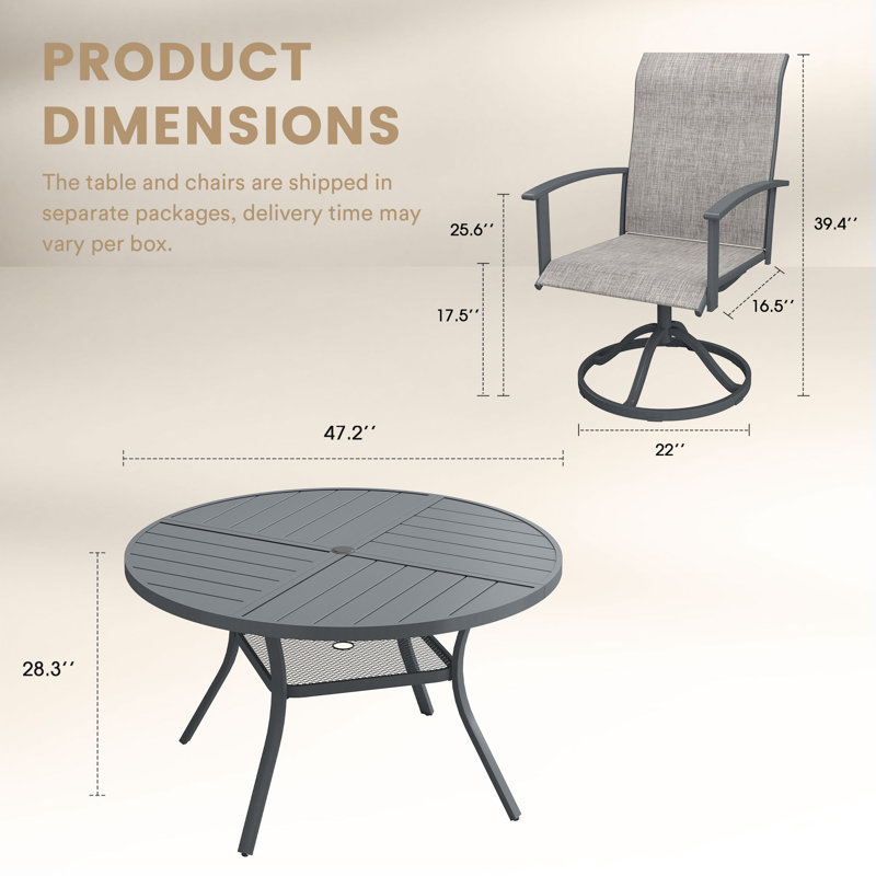4-Person Outdoor Round Patio Dining Set With Swivel Chairs, Gray