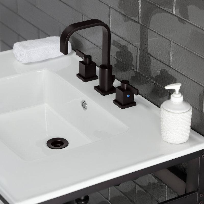 Kingston Brass Quadras 31-Inch Ceramic Console Sink with Steel Base and Glass Shelf, White/Oil Rubbed Bronze, 8" Centers