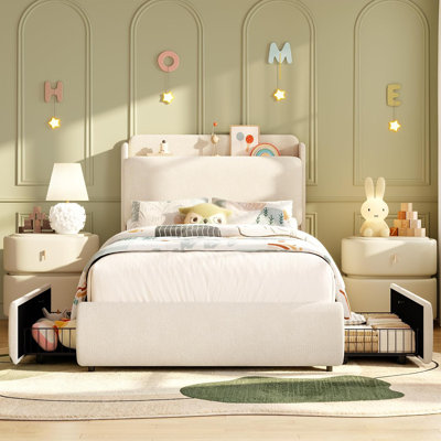 Structure de lit simple avec tablette encastrée pour enfants - beige | Lit simple sécuritaire avec tablette encastrée pour livres et veilleuse, coins arrondis et doux, hauteur à profil bas pour faciliter l'escalade, robuste