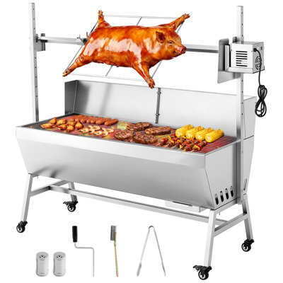 Rôtissoire, rôtissoire de 38 W pour barbecue et agneau, rôtissoire au charbon de bois avec capacité de 132 lb, roues et 4 niveaux de hauteur, ensemble de rôtisserie électrique en acier inoxydable pour camping en plein air