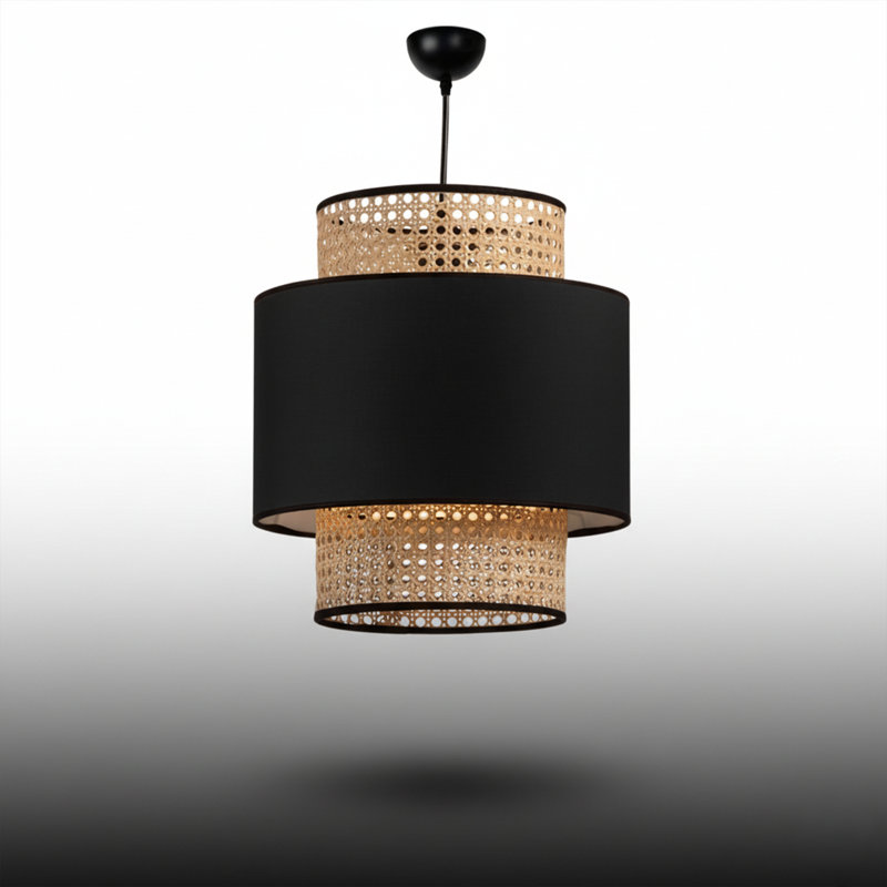 Lustre en rotin tissé à 2 niveaux Boho - abat-jour naturel canne, accents noirs