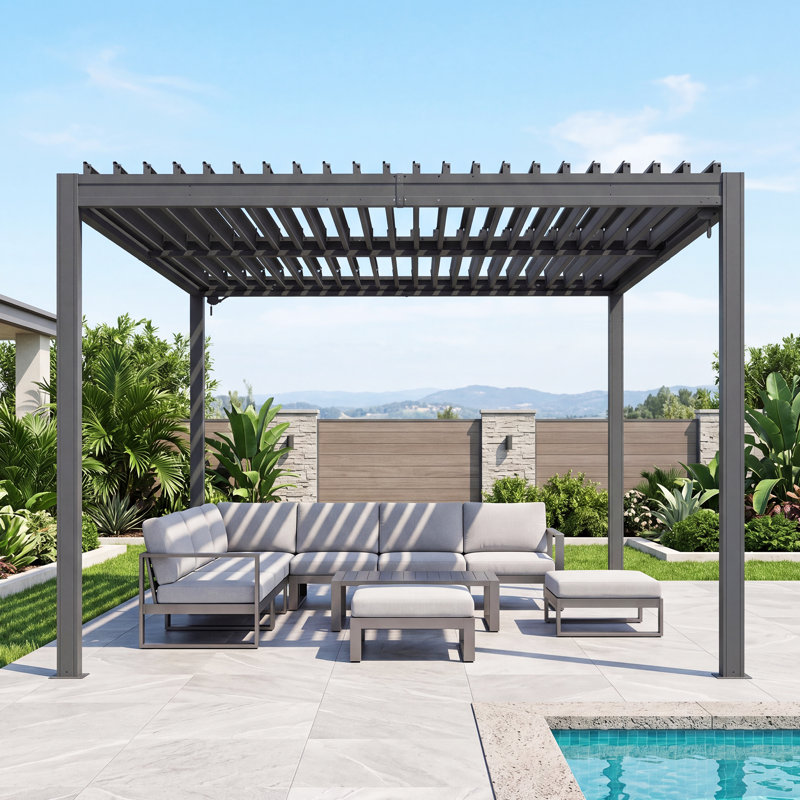 Domi Patio Outdoor Aluminum Louvered Pergola, 16" W x 10' D, Gray