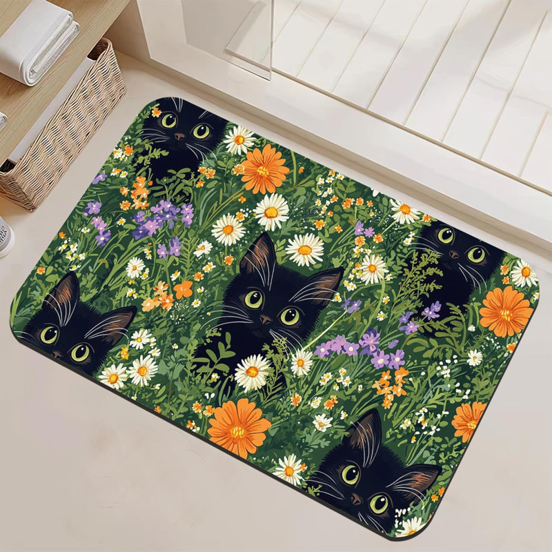 Mignon chat fleurs tapis de salle de bain antidérapant lavable à séchage rapide tapis de bain mince tapis pour salle de bain, lavabo, salle de douche, décorations de Noël, 17 po x 29,5 po