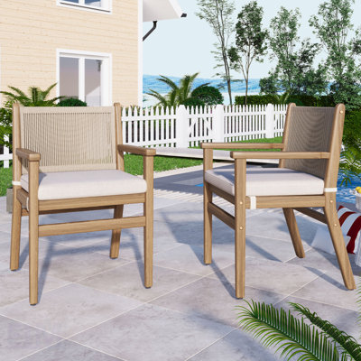Ensemble de 2 chaises de salle à manger d'extérieur, fauteuil de patio en bois d'acacia avec dossier en corde et coussin hydrofuge, capacité de poids de 400 lb