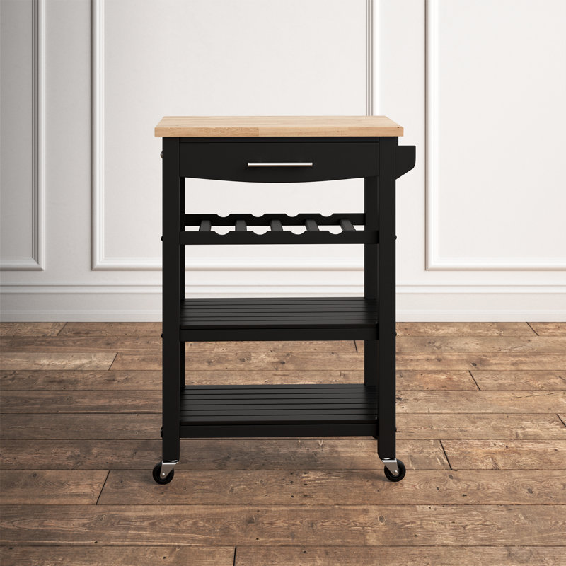 Michelle 4 Tier Butcher Block Kitchen Cart with Drawer and Wine Rack, Black