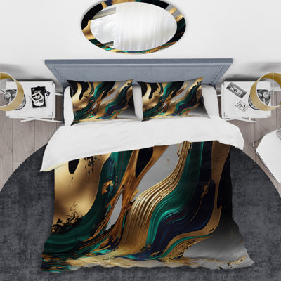 Modern 4 Pcs Comforter Set - Green And Gold Agate II With Shams And Throw Pillows