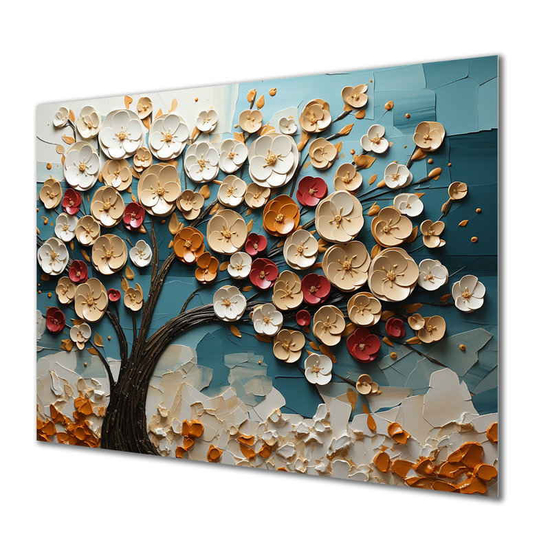 Arbre de fleur rouge et or au clair de lune beauté IV - arbre, art mural en métal, H 12 po x l 20 po x P 1 po