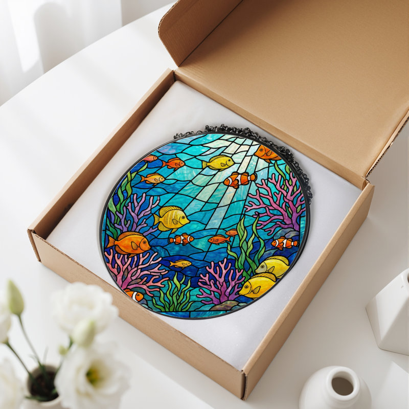 7.8"H Underwater Scene Stained Glass Window Panel, 7.8" H x 7.8" W