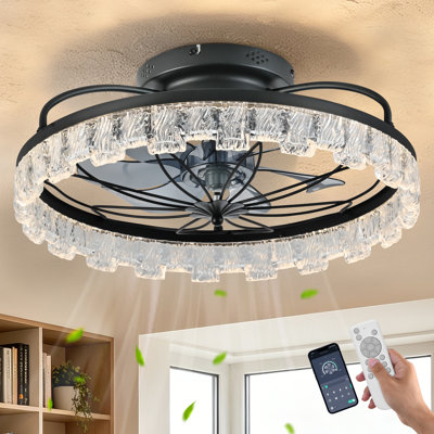 Ventilateur de plafond rustique à cage noire avec lumière, ventilateur de plafond encastré avec télécommande Farmhouse Flower, ventilateur de plafond à profil bas à DEL avec 6 vitesses pour la chambre à coucher, la cuisine et le salon