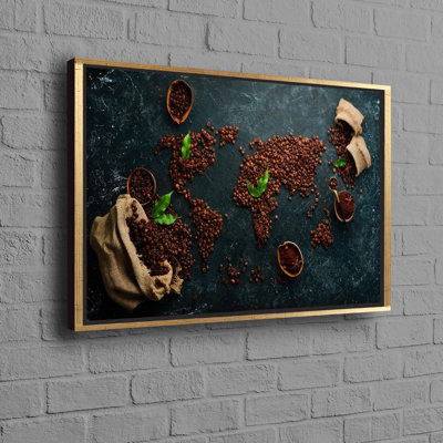 Framed Coffee World Map Wall Art in Modern Canvas for Kitchen Decor and Printable Wall Art Display