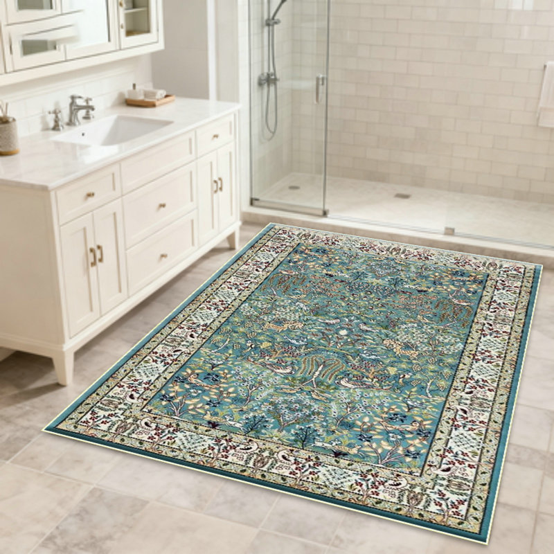 Area Rugs Washable Non-Slip, Floral Vintage Distress Print Pattern Medallion Carpet for Living Room Bedroom Dining Room, Teal Green Lake Blue Turquoise