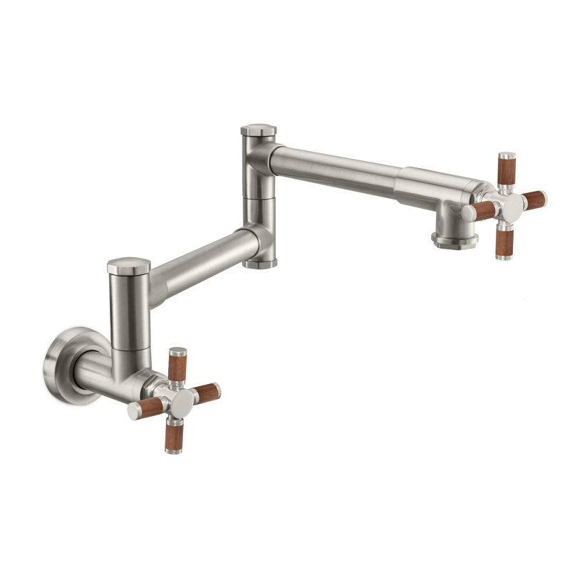 Pot Filler - Dual Handle Wall Mount - Industrial, Teak Cross Handle, Satin Nickel
