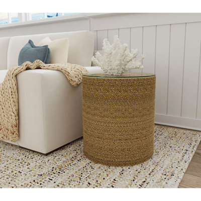 Table d'appoint ronde cylindrique brune avec ruppie maritime fabriquée à la main pour décoration avec plateau en verre trempé naturel et transparent