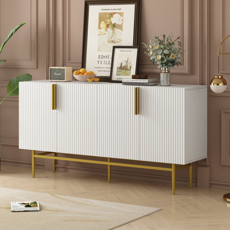 Modern 4-Door Sideboard Buffet Cabinet with Gold Metal Handles for Dining Room, Bedroom or Hallway, Blanc