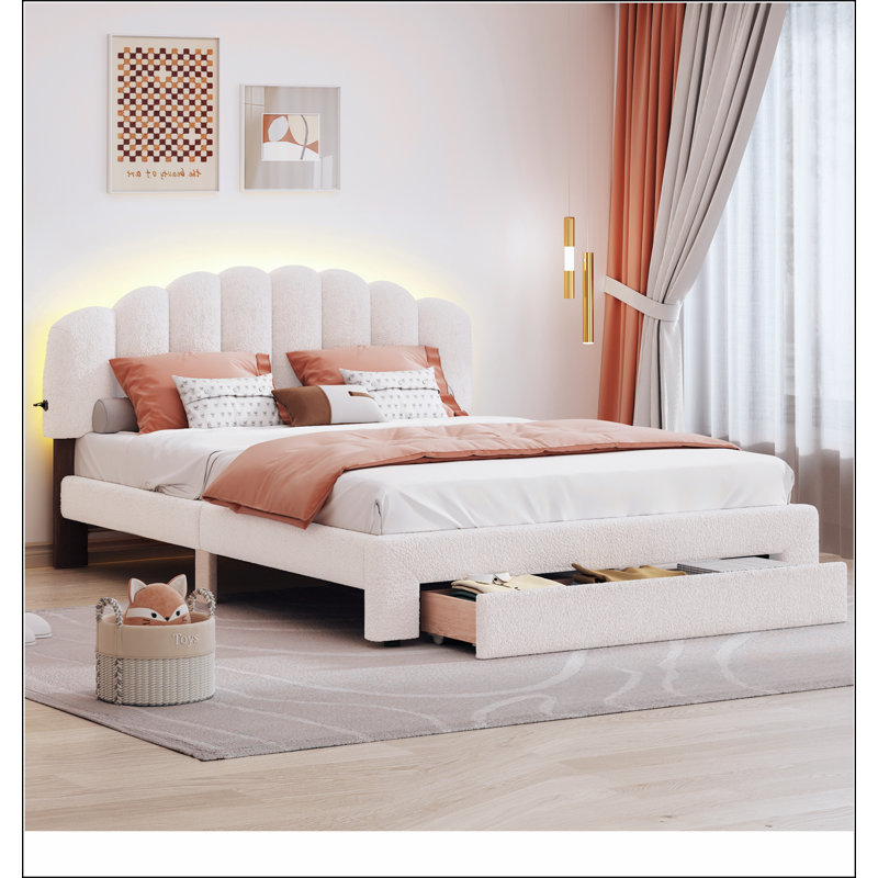 Upholstered Platform Bed with Drawer, Beige