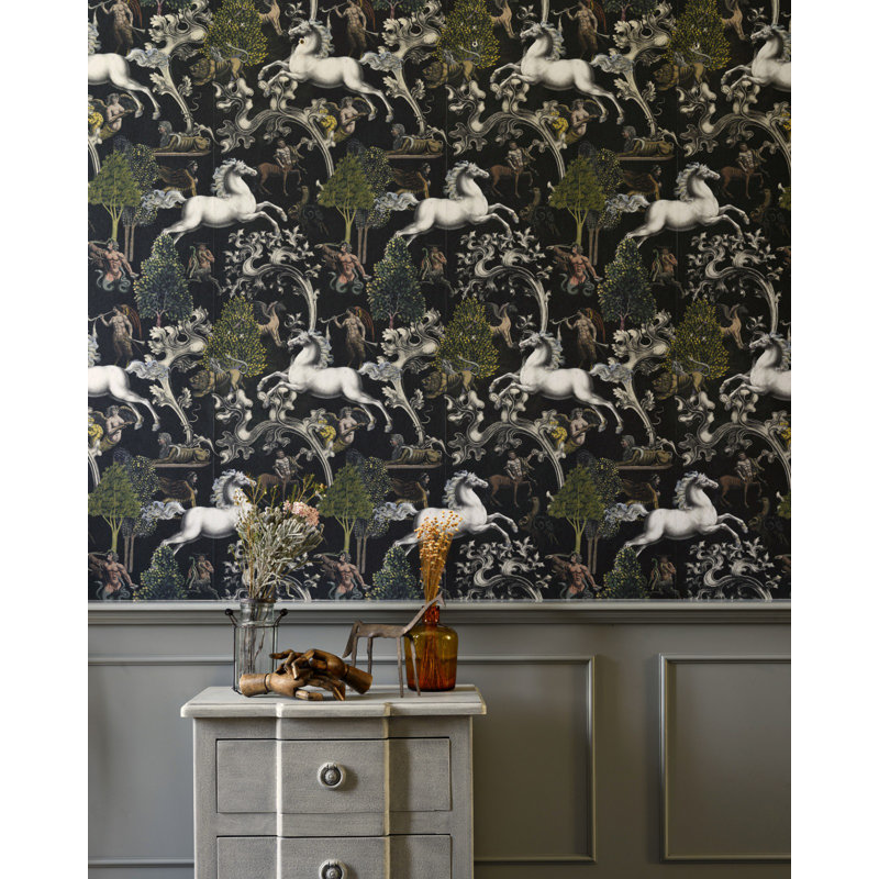 The Transylvanian Manor Toile Wallpaper Roll, Gray/White/Blue/Brown