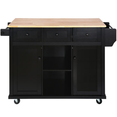 Îlot de cuisine avec comptoir rabattable, 5 roulettes, armoire de rangement, tablettes ouvertes et 3 tiroirs