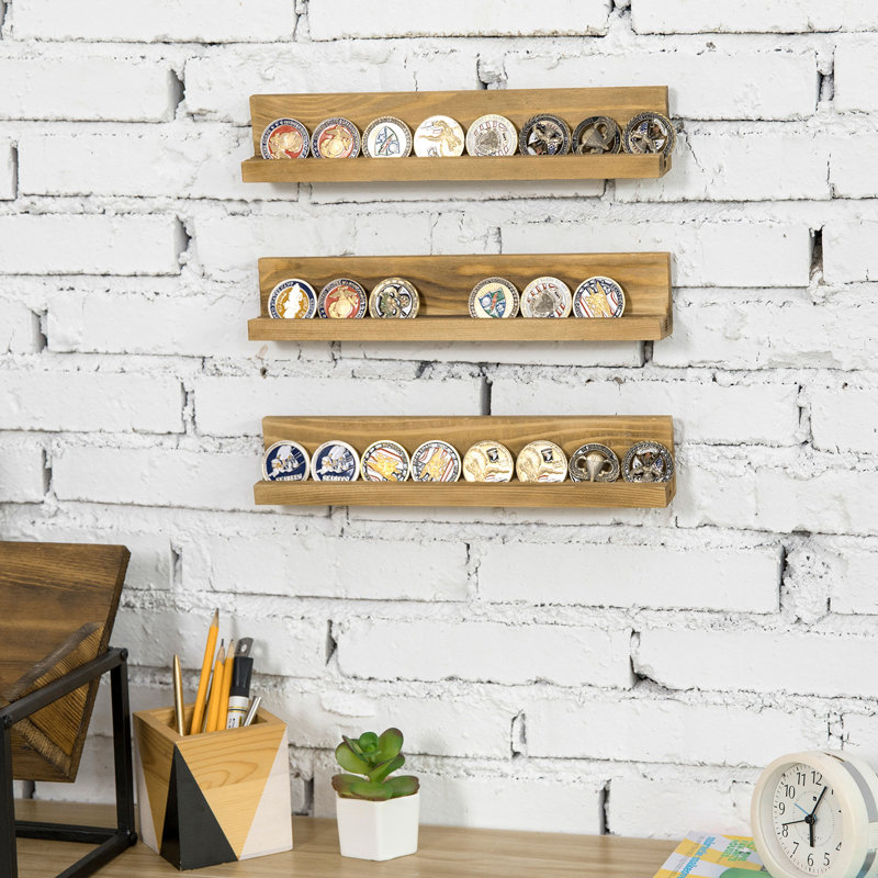 Aleck Challenge Coin Holder Solid Wood Floating Shelf, Brown