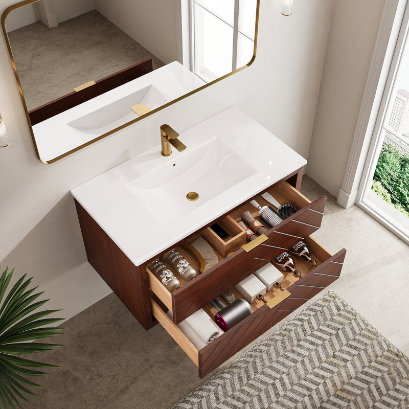 30" Wall Mounted & Floating Single Vanity With Ceramic Sink, Brown, 36"