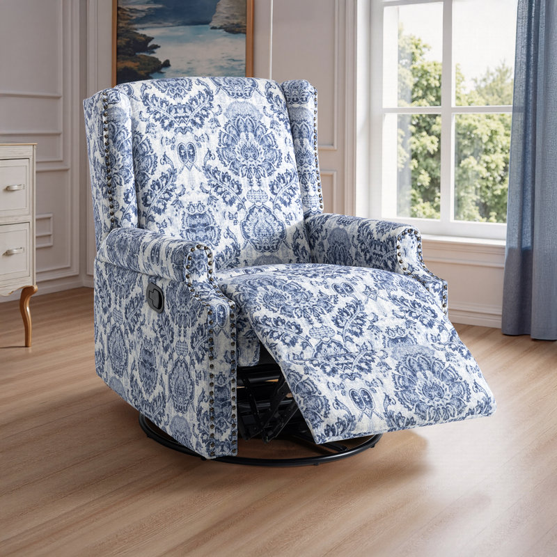 Upholstered Classic Wing Back Manual Handle Swivel Rock Glider Recliner with Naihead Trims, Navy