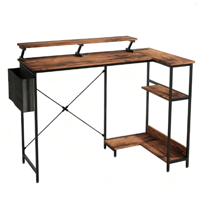 Computer Desk With Reversible L Shaped, Corner Desk With Monitor Stand,Power Outlets And LED Lights, Rustic Brown