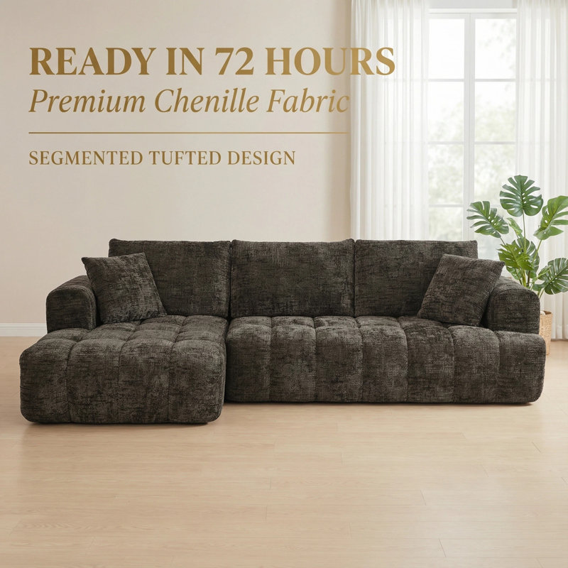 Luxury Chenille L-Shape Sectional Sofa - Khaki, Comfy Sleeper Couch, No Assembly Required, Brown