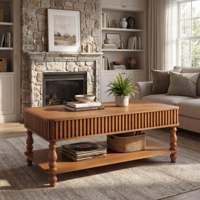 Table basse à plateau relevable de 47 pouces en bois massif brun rétro avec détails cannelés et pieds romains, assemblage sans outil