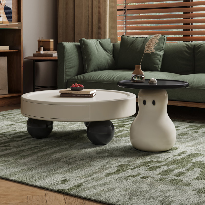 Table basse ronde moderne avec tiroir et ensemble de tables d'appoint assorti, finition blanche et noire
