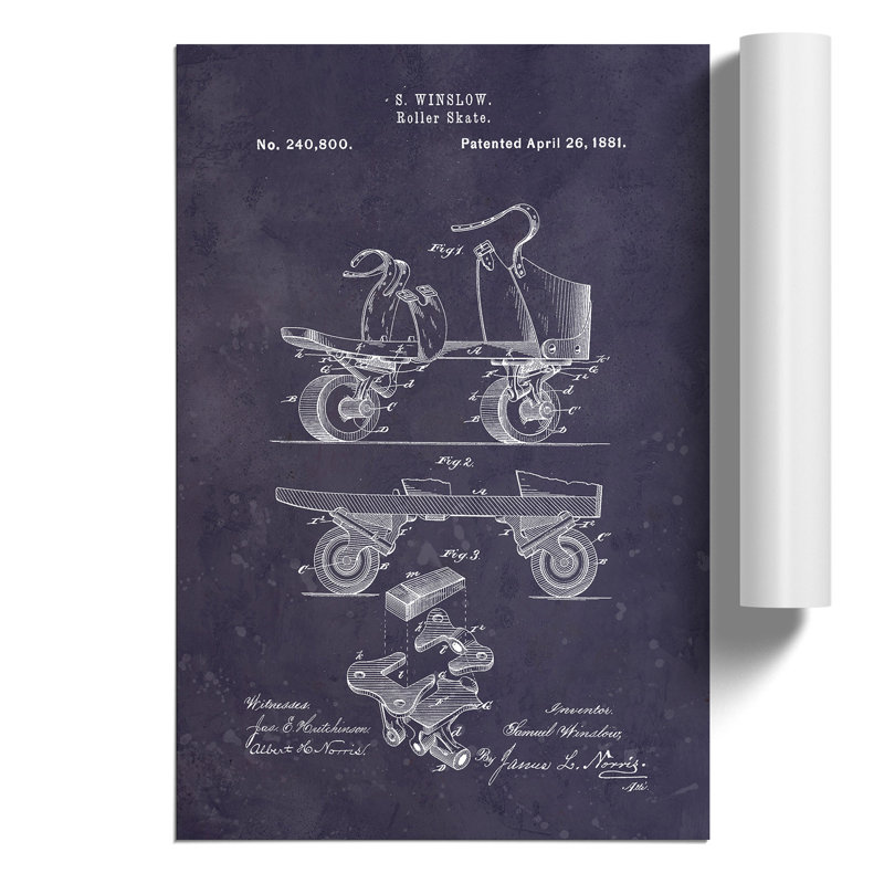 Roller Skate Patent Dark - Frameless Print, 42cm H x 30cm W x 0.1cm D