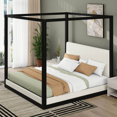 Lit plateforme à baldaquin en bois avec tête de lit tapissier