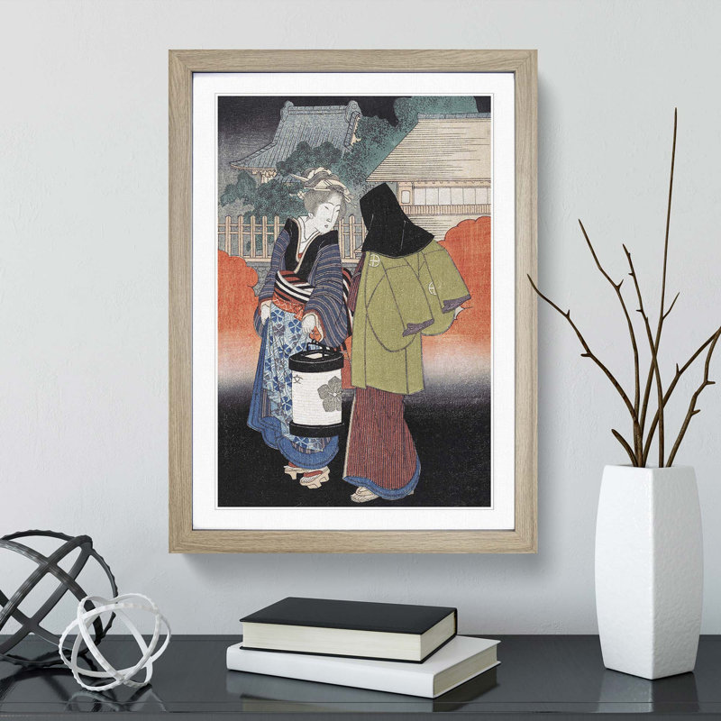 Night Scene by Yashima Gakutei - Picture Frame Painting Print, 36cm H x 27cm W x 2cm D, Oak Framed