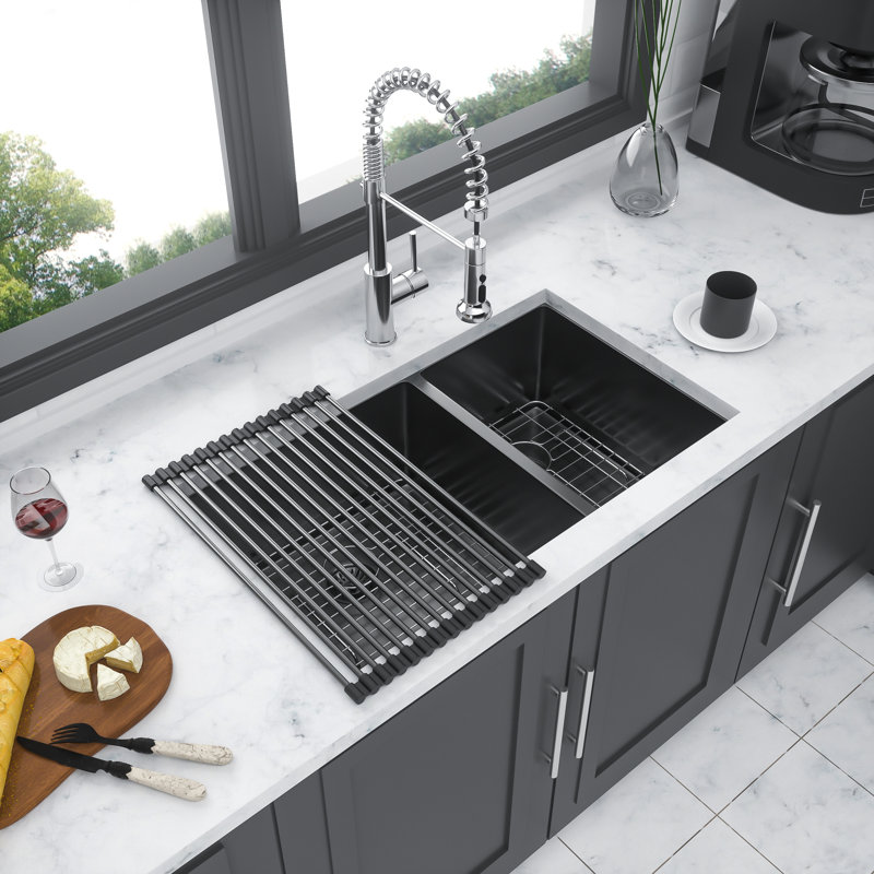 Évier de cuisine à double cuve encastrable 33 po x 19 po - noir acier, acier inoxydable, cuve profonde de 10 po, améliore l'organisation noire avec - et les propriétés d'insonorisation
