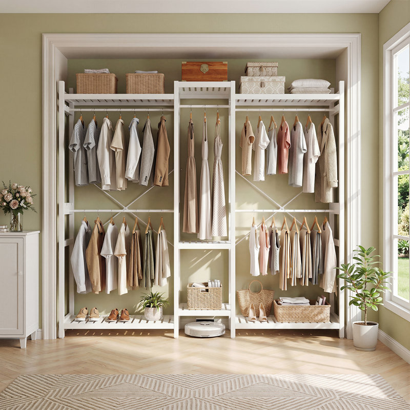 Clothes Rack, Closet System With 7 Hanging Rods For Bedroom/Laundry Room, White