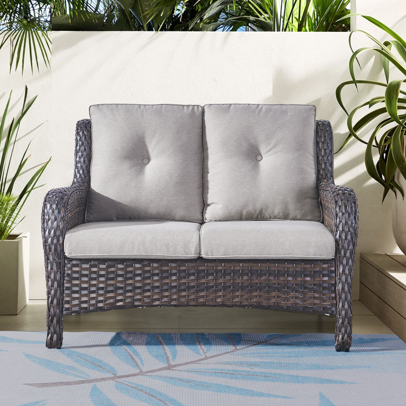 Tonry 53'' Wide Rectangle Wicker Patio Sofa with Cushions, Brown, Taupe