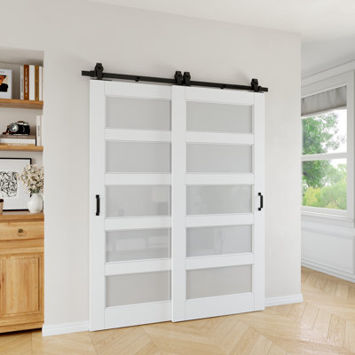 64" x 80" 5-Lite Glass White Primed Solid Core Sliding Bypass Barn Door Double Doors with Hardware Kit