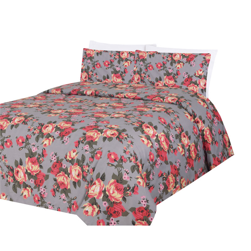Ensemble de housse de couette en rayonne rose, gris, crème et rouge, Housse de couette grand + 2 taies d'oreiller