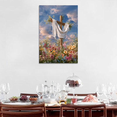 Art mural sur toile de Pâques Timuba - croix de printemps et fleurs, décoration murale, œuvre d'art religieuse pour la maison, reproduction sur toile tendue avec cadre en pin, 18 po x 24 po