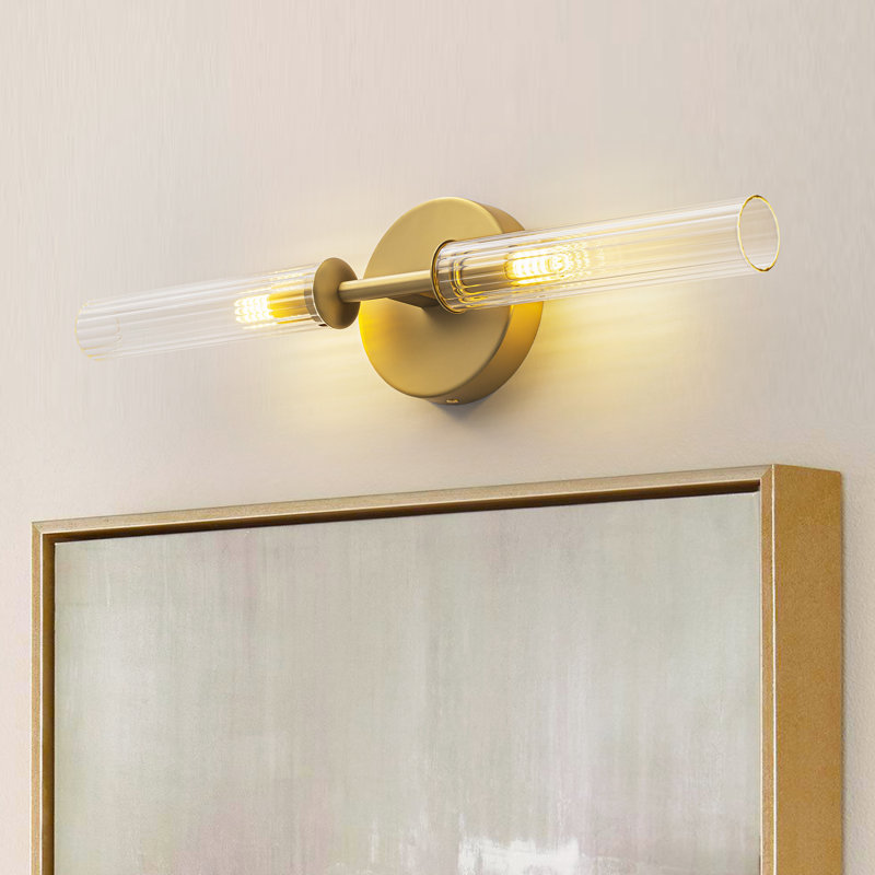 Éclairage pour salle de bain 2 lumières à intensité variable avec abat-jour en verre transparent Arnha, Or brossé