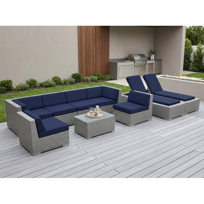 Barna 9 Piece Rattan Sectional Seating Group with Cushions - No Assembly, Gray, Navy Sunbrella® Canvas
