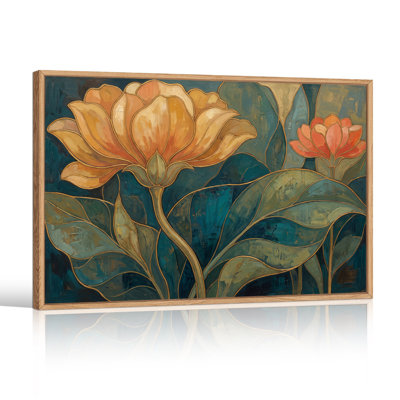Orange And Red Flowers With Green Leaves On Teal Background Canvas Wall Art