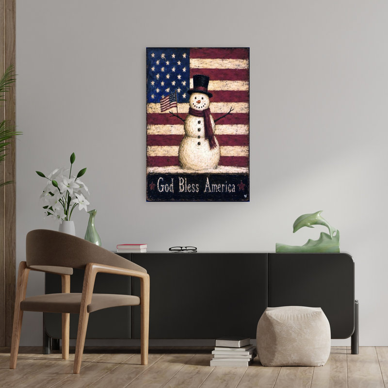 God Bless America Snowman Vintage Winter Wall Art Print 1 Piece Wrapped Canvas Wall Art, 91.44cm H x 60.96cm W