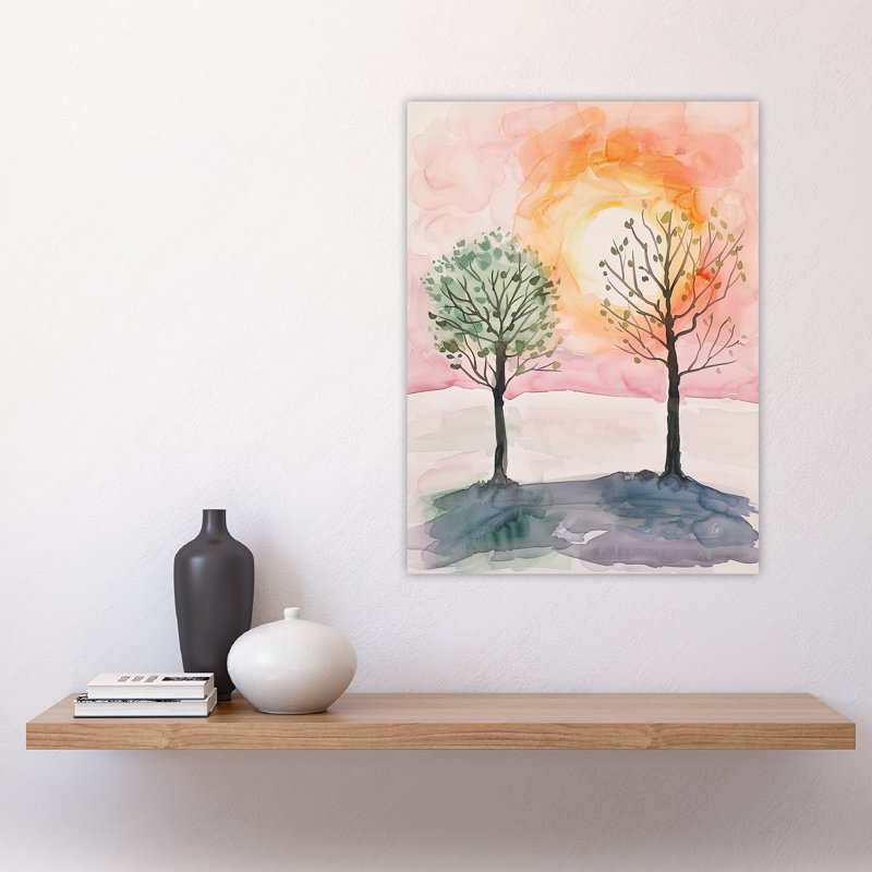 Two Summer Trees in Pink Sunset Landscape Wall Art Print