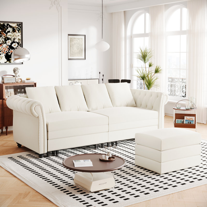 Canapé-lit Chesterfield de 90 po en velours avec très grand lit, canapé-lit convertible avec 4 coussins, beige, Beige