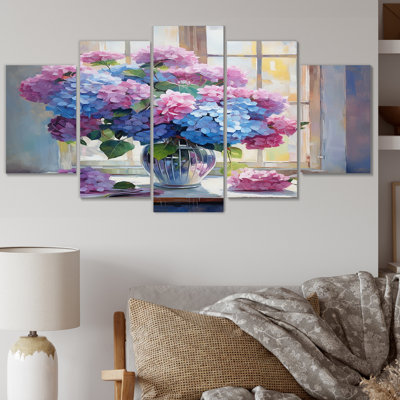 Nature morte vase hortensia Bouquet doux pastel II - hydrangée, impression sur toile - 5 panneaux