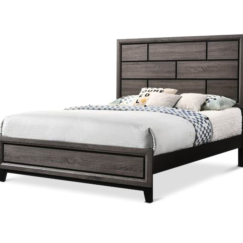 Lit moderne grand, couleur gris rustique, tête de lit transitionnelle, lit de chambre à coucher en contreplaqué avec style et motif de boîte